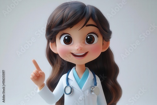 3d cartoon character of a smiling young female doctor, animatedly pointing with one hand, set against a simple white background, ideal for healthcare and friendly branding