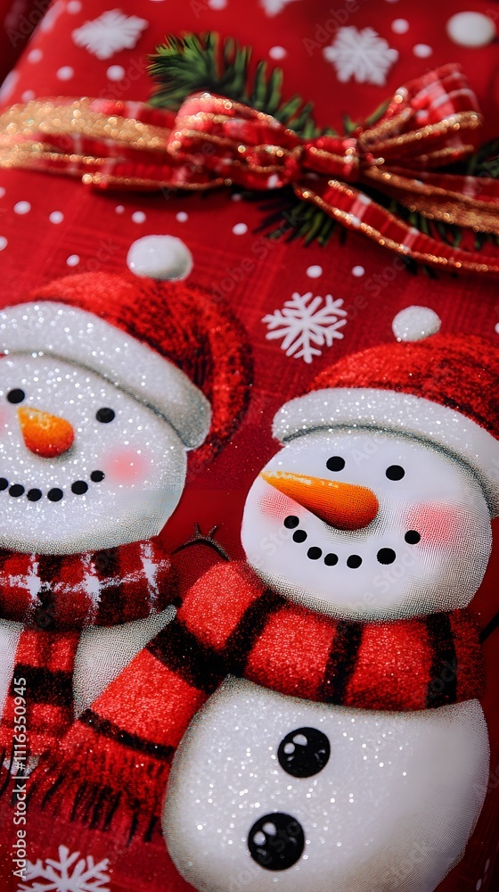 Fototapeta premium Two cheerful snowmen on a festive red Christmas fabric.