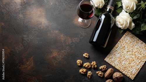 Matzah and Wine with White Roses on Stone photo