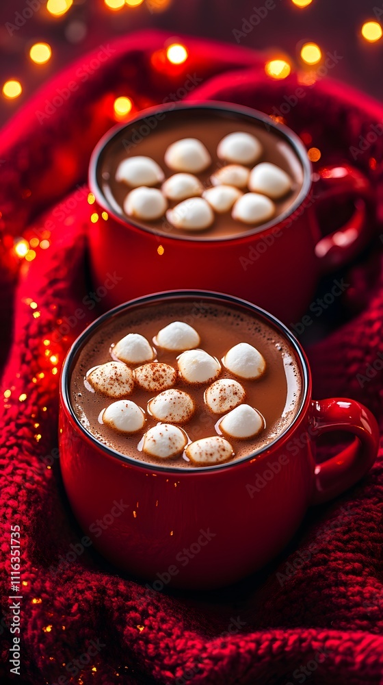 Two mugs of hot chocolate with marshmallows on a red knit blanket. Two mugs of hot chocolate with marshmallows on a red knit blanket.