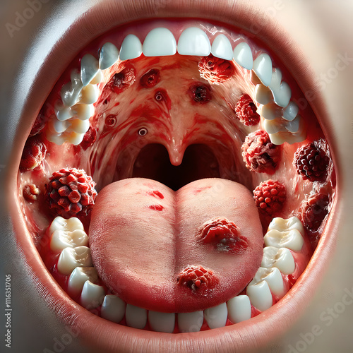 A close-up image of the inside of a child’s mouth showing painful ulcers caused by Hand, Foot, and Mouth Disease. highlight small, red sores on the tongue, gums, and inner cheeks.
