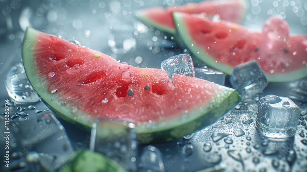 Watermelon Slices with Ice Cubes and Water Droplets Watermelon Slices with Ice Cubes and Water Droplets
