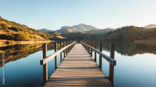 Wallpaper Mural A serene wooden pier extends into a calm lake, framed by mountains under a clear sky. Torontodigital.ca