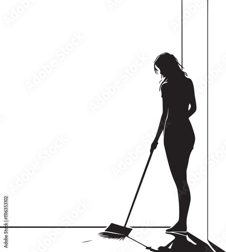 silhouette of a woman sweeping the floor