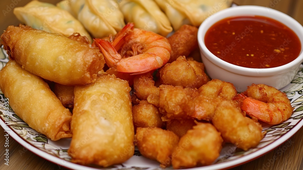 Seafood Platter with Crispy Shrimp, Dumplings, and Sweet Chili Sauce Seafood Platter with Crispy Shrimp, Dumplings, and Sweet Chili Sauce