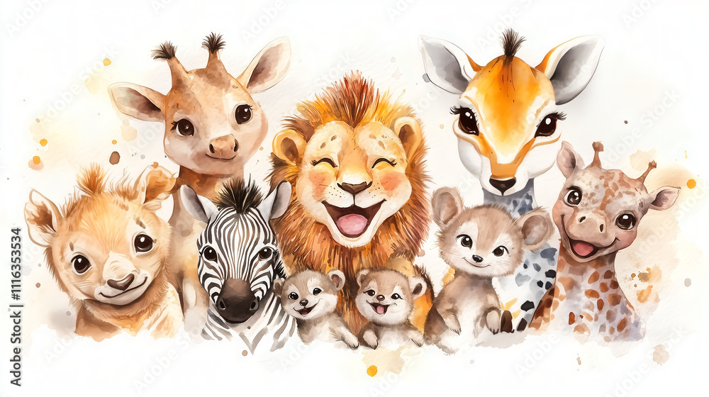 Fototapeta premium funny herd of african animals: kid-friendly animal friends smiling while posing for a photo; watercolor illustration; antelope, lion, zebra, hyena, meerkat, giraffe