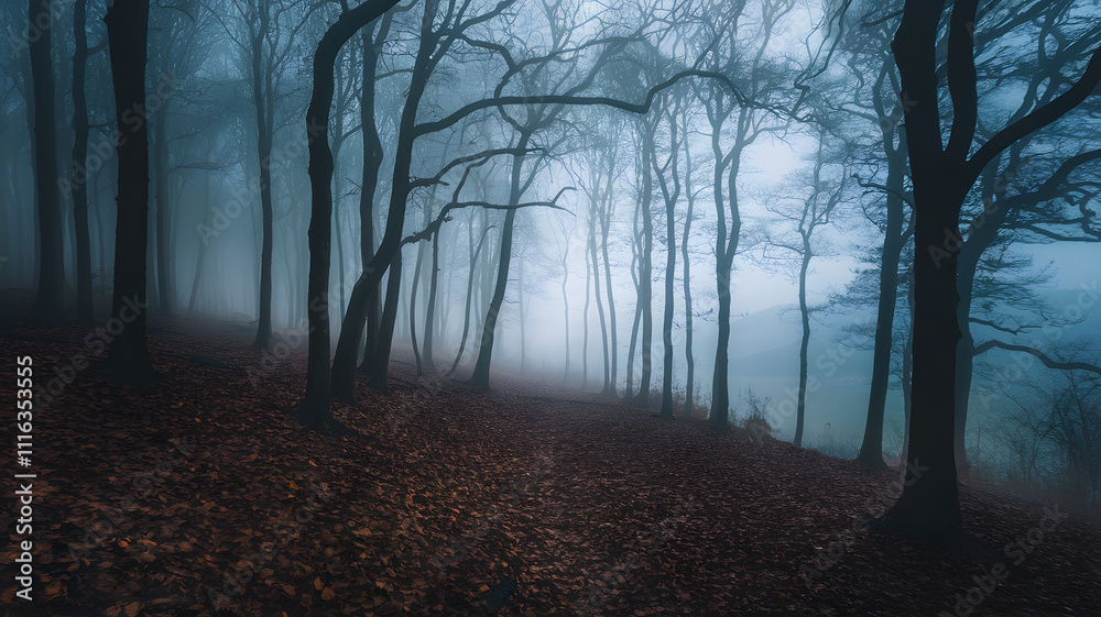 Fototapeta premium A misty forest landscape with dense fog covering the trees and hills.
