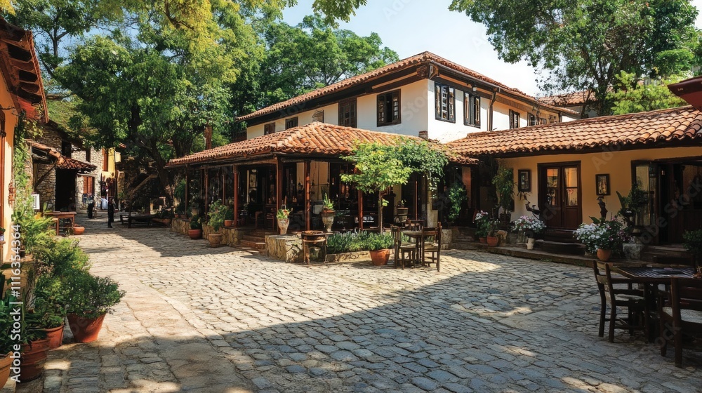 Fototapeta premium Cobblestone courtyard, charming old buildings, lush greenery.