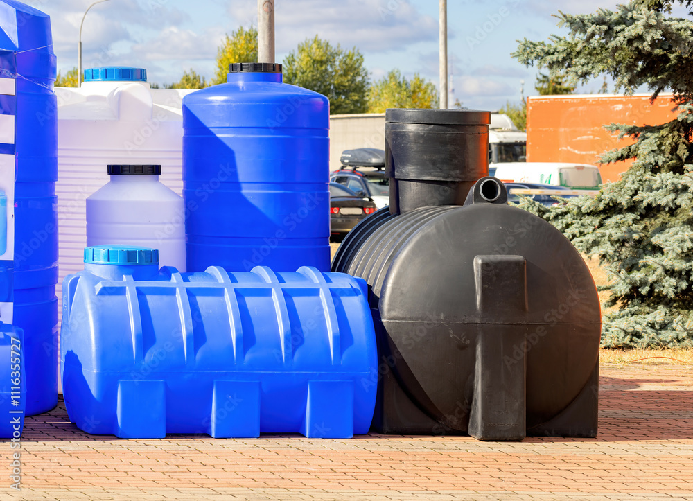 Colorful water storage containers displayed prominently in an outdoor space on a sunny day