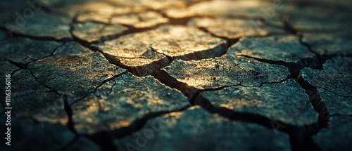 Sunlight highlights deep cracks in parched earth, painting a dramatic scene of drought and nature's resilience.