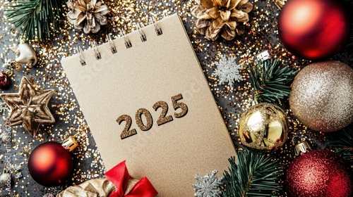 2025 New Year resolutions goal, plan, and action concept. Calendar and Note Pad Happy New year 2025. planning checklis target business and health photo