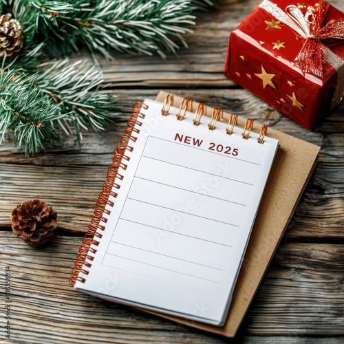 2025 New Year resolutions goal, plan, and action concept. Calendar and Note Pad Happy New year 2025. planning checklis target business and health photo