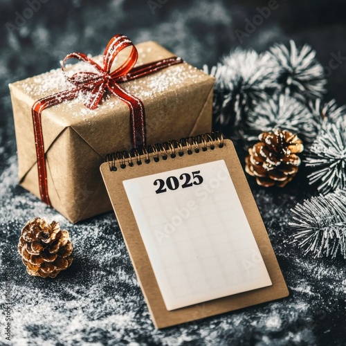 2025 New Year resolutions goal, plan, and action concept. Calendar and Note Pad Happy New year 2025. planning checklis target business and health photo