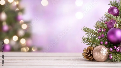 Christmas tree with purple ornaments and pine cones