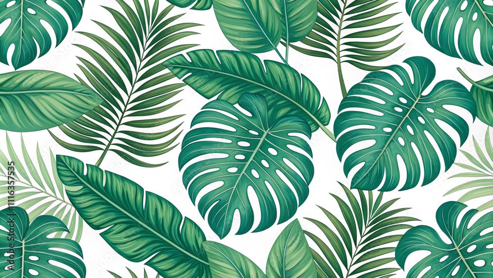 Fototapeta premium Tropical Green Leaf Seamless Pattern: Botanical Illustration