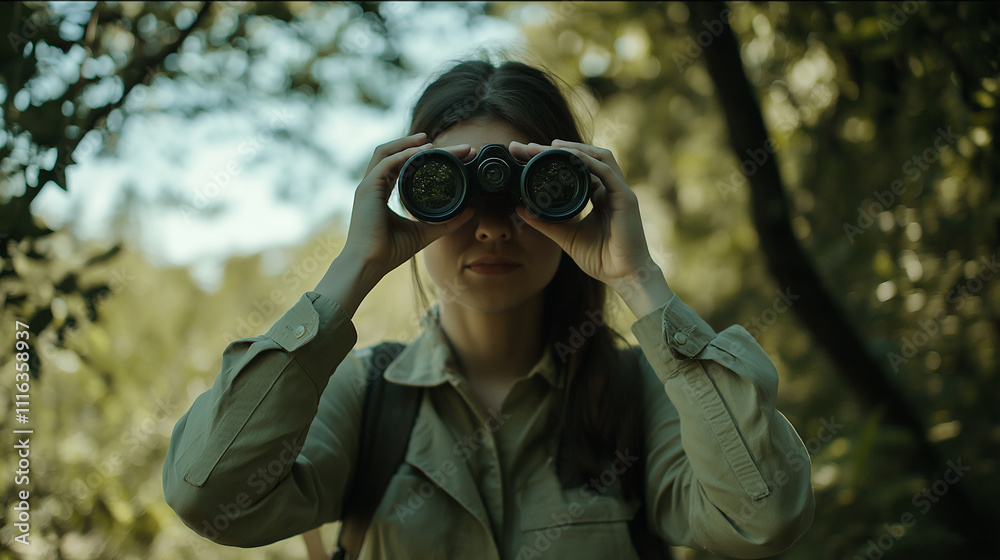 Woman at a wildlife reserve, holding binoculars to her face, soft focus on trees in background Woman at a wildlife reserve, holding binoculars to her face, soft focus on trees in background