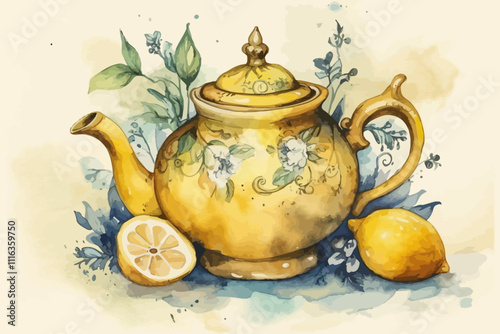 Watercolor teapot with flowers and fruit. Antique cups.