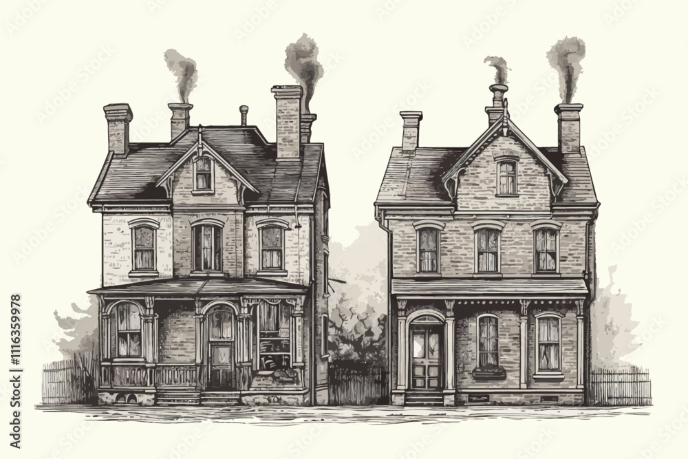 Fototapeta premium Line drawn house. City graphic. Vector illustration. Vintage building.