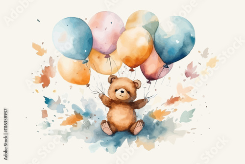 Watercolor background with bear. Animal illustration. Baby shower element.