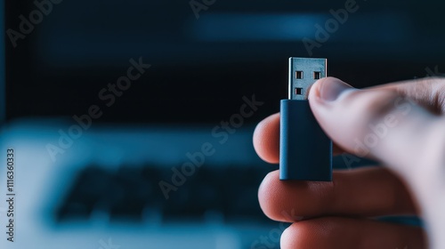 A close-up of a hand holding a USB flash drive in front of a laptop, unknowingly triggering malware infection on a computer. photo