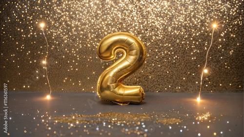 A shiny golden balloon shaped like the number 2 set against a sparkling glitter background, creating a festive and luxurious atmosphere. photo