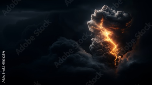A dramatic close-up of a thunderstorm cloud with intense orange lightning splitting through the dark sky