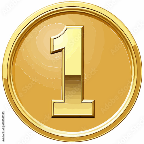 Abstract golden coin with a denomination of one unit, on a white background 