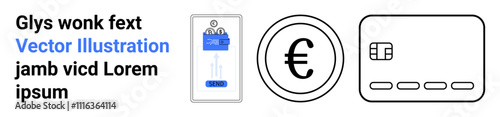 Digital ID card with person icon, Euro currency symbol, and credit card outline. Ideal for financial transactions, banking apps, identity verification, e-commerce, fintech currency exchange. Landing