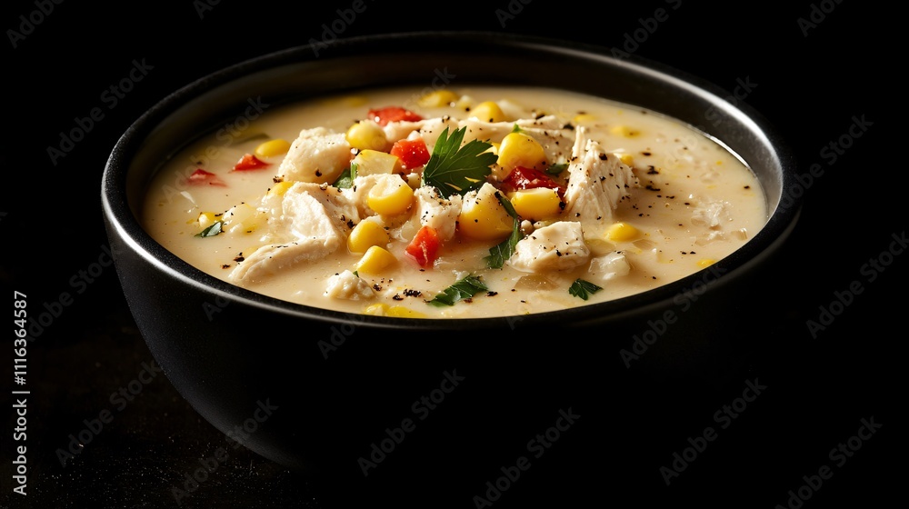 Chicken corn chowder in a matte black bowl, isolated with bold garnishes and a dramatic dark background Chicken corn chowder in a matte black bowl, isolated with bold garnishes and a dramatic dark background