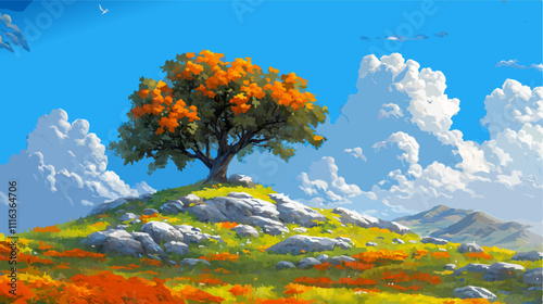 Vibrant vector illustration of an orange tree standing on a rocky hilltop, surrounded by colorful wildflowers, under a bright blue sky with fluffy white clouds