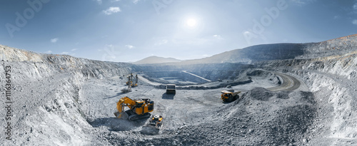 Big yellow mining truck for coal working in quarry. Panoramic of open pit mine industry, aerial view photo