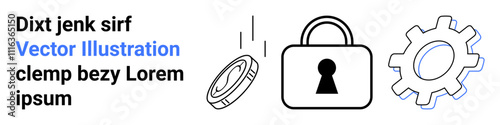 Lock, gear, and coin falling with placeholder text for demonstrating security, development, or finance concepts. Ideal for cybersecurity, software development, financial technology, information