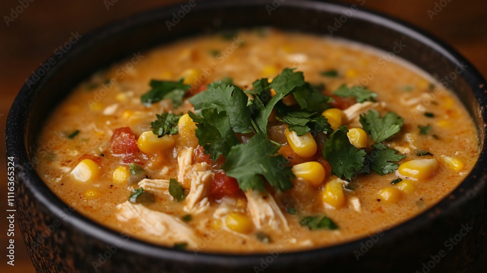 Close up of chicken corn chowder garnished with sweet corn and cilantro, styled against a dark wood background Close up of chicken corn chowder garnished with sweet corn and cilantro, styled against a dark wood background
