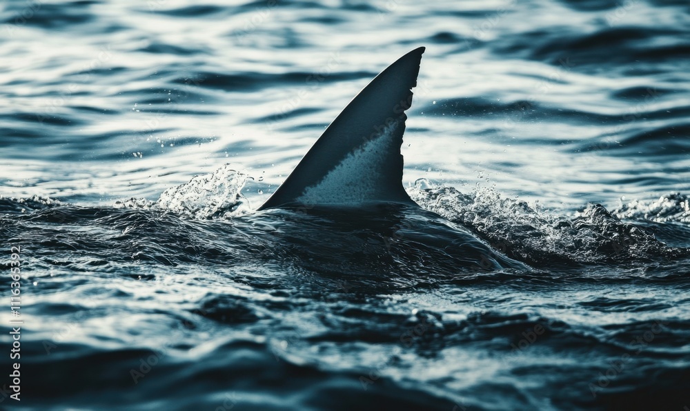 Fototapeta premium A shark's fin emerges from the water, creating a dramatic ocean scene.