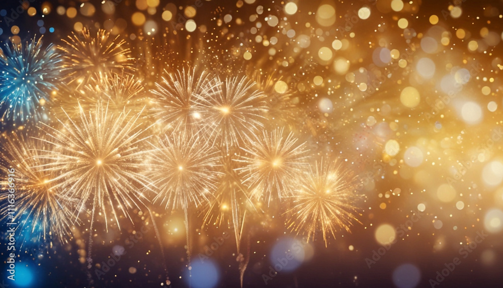 Fototapeta premium New year celebration with golden fireworks and bokeh lights blurred background. Generative AI