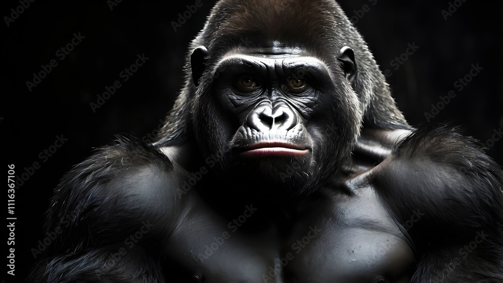 retrato de gran gorila mirando a cámara enfadado con fondo negro, al estilo fine art retrato de gran gorila mirando a cámara enfadado con fondo negro, al estilo fine art
