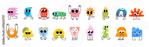 Funny cartoon characters mascots in trendy retro style and different geometric shapes. Hand drawn abstract funny cute comic characters sticker pack. Diversity concept.