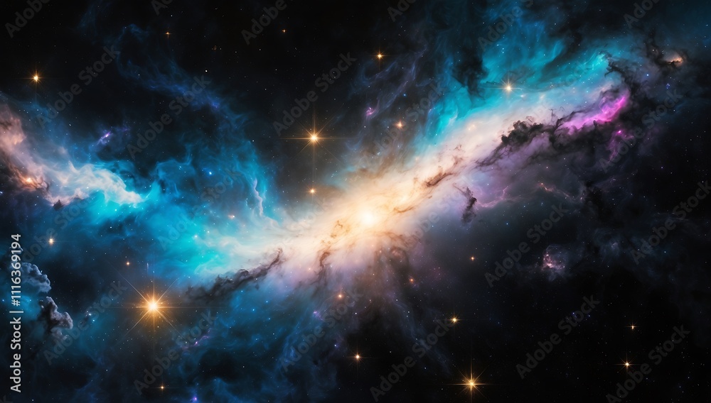 Fototapeta premium Cosmic Symphony: A mesmerizing nebula with vibrant hues of blue, purple, and pink, illuminated by a radiant core, creates a breathtaking spectacle of cosmic wonder. 