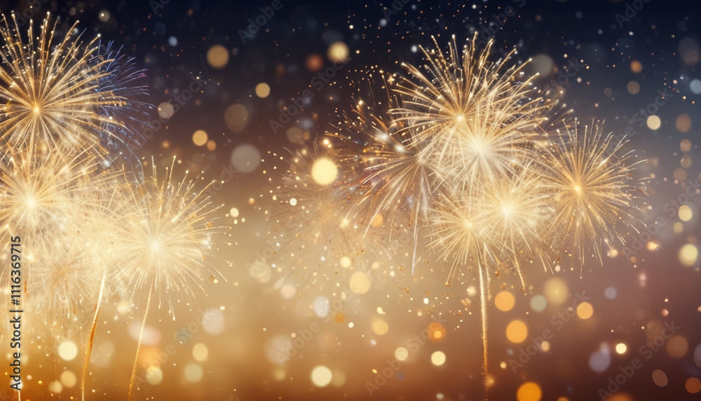 Fototapeta premium New year celebration with golden fireworks and bokeh lights blurred background. Generative AI