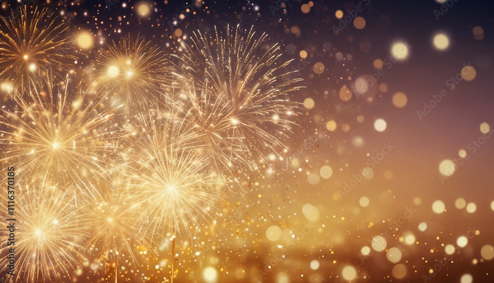 Fototapeta premium New year celebration with golden fireworks and bokeh lights blurred background. Generative AI