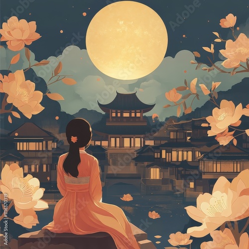 A woman sits on a rock looking at a moon photo