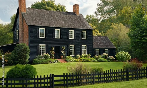 Black Colonial-Style Farmhouse on a Lush Green Lawn, Encased by a Black Fence photo