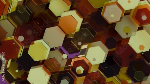 3D loop animation of a multitude of hexagons, transparent cells in motion. Cells appear moving away from the camera. A hundredth of different colors. Abstract 3D animation for the desktop.