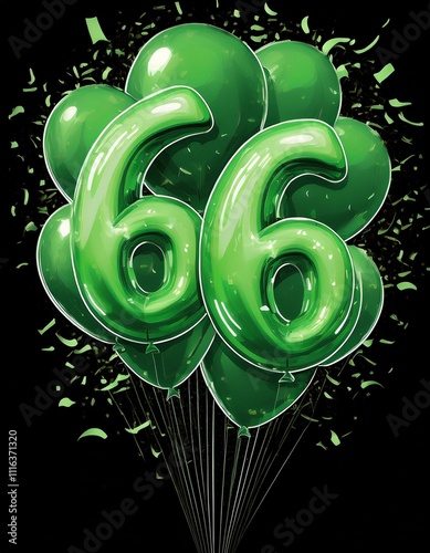 Green birthday / anniversary balloon, number 66, black background with confetti photo