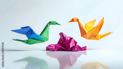 Three origami birds, one green and two other colors, representing diversity in creativity through paper art.