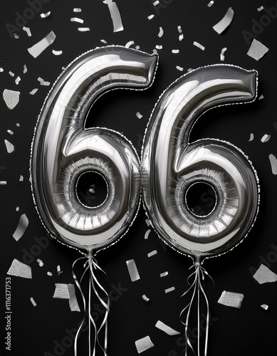 Silver birthday / anniversary balloon, number 66, black background with confetti photo