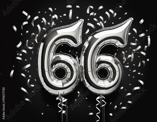 Silver birthday / anniversary balloon, number 66, black background with confetti photo