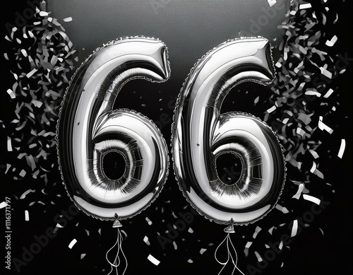 Silver birthday / anniversary balloon, number 66, black background with confetti photo