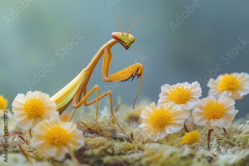 A camouflaged mantis waits among flowers to capture unsuspecting insects in the jungle