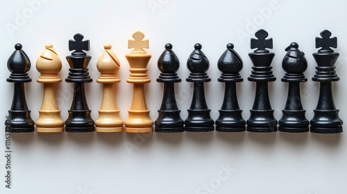 Classic Chess Pieces Arranged in a Line with Black and White Kings, Queens, and Pawns on a Simple Background photo